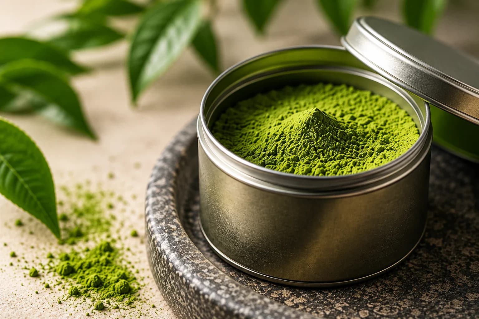 Boîte métallique de matcha, couvercle ouvert