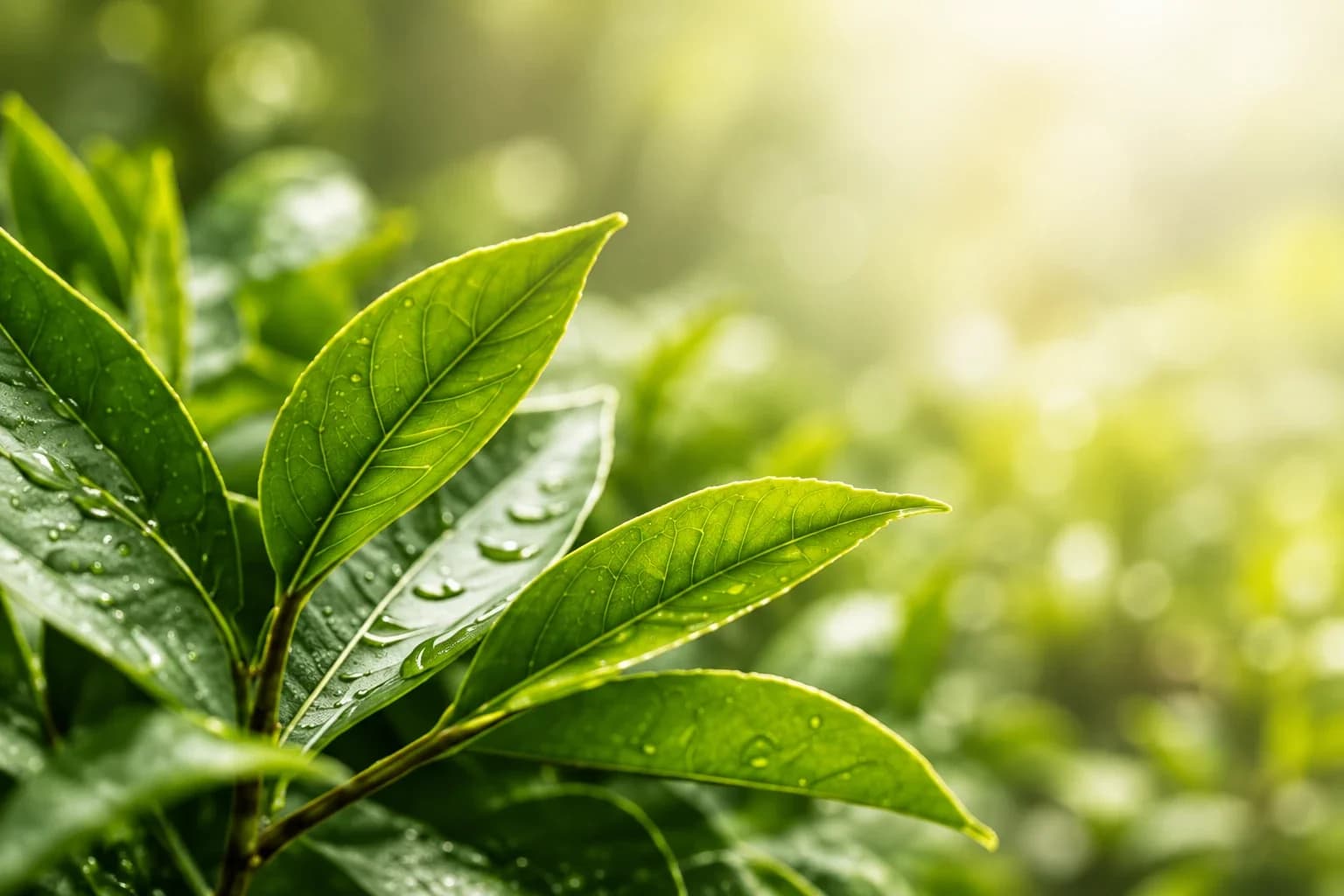 Jeunes feuilles de thé couvertes de rosée