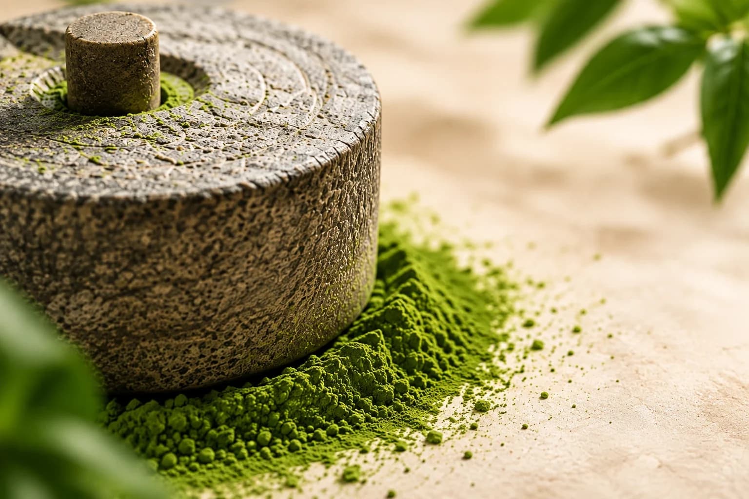 Poudre de matcha fraîchement broyée