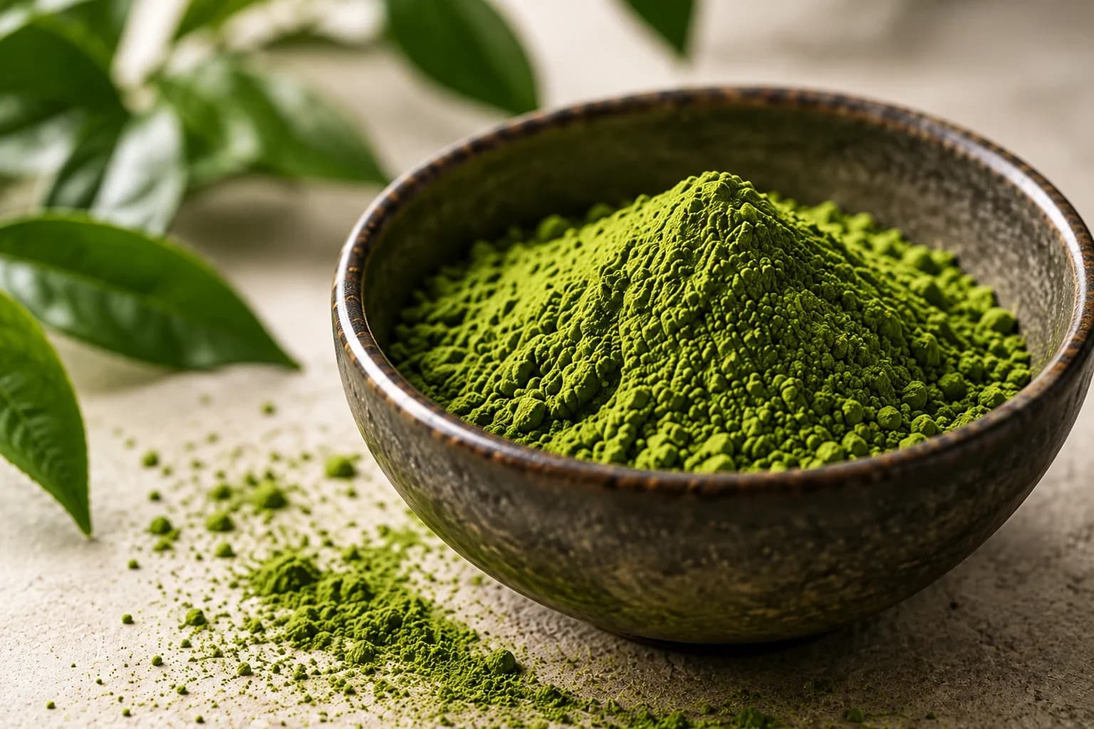 Poudre de matcha dans un bol en grès