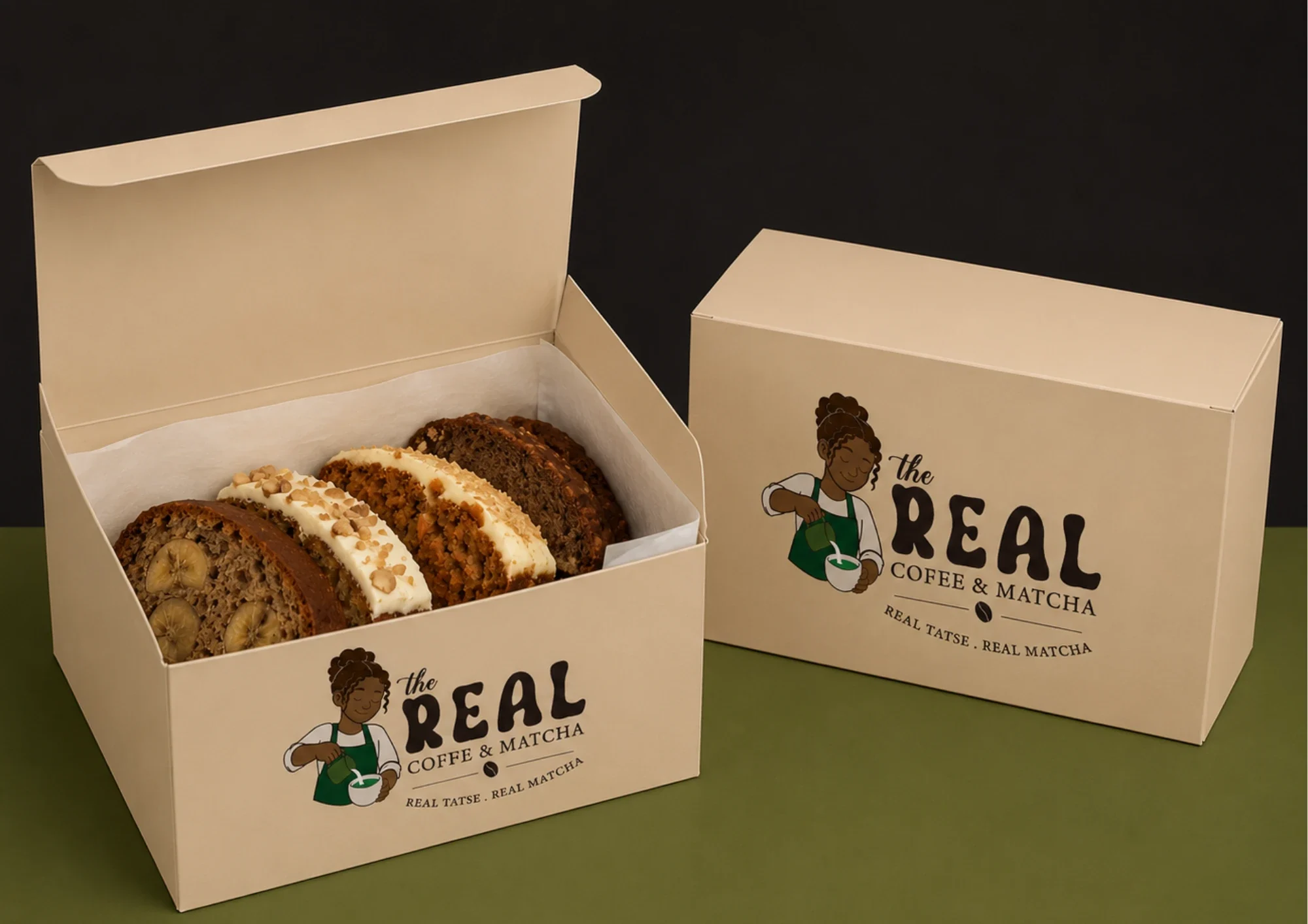 Coffret The Real garni de tranches de banana bread et de carrot cake