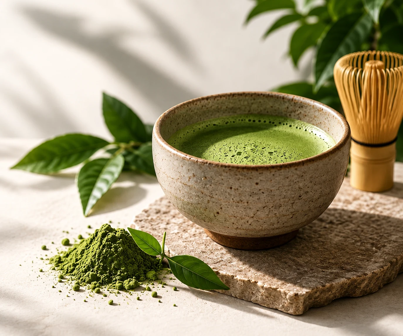 Bol de matcha fouetté sur une pierre, fouet en bambou, poudre et feuilles de thé