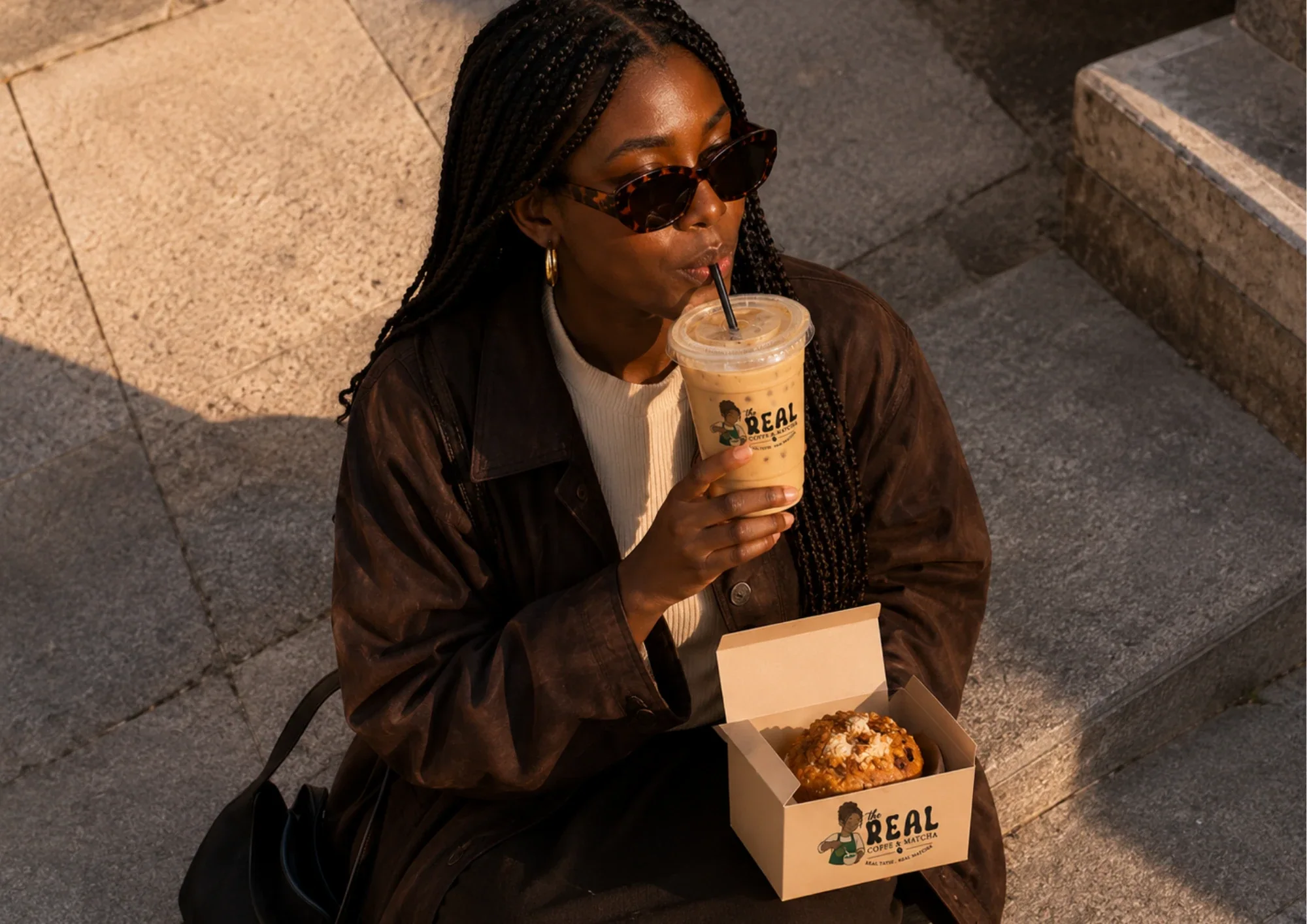 Cliente assise sur des marches, un latte glacé The Real à la main